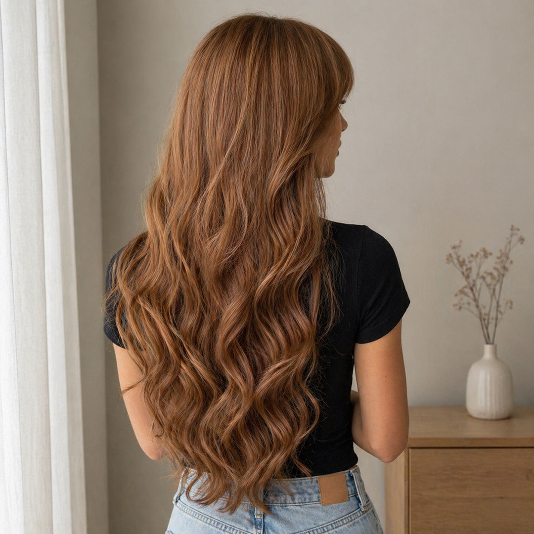 Additional product view of Amber synthetic wig, Warm Brown Bangs Natural Wave