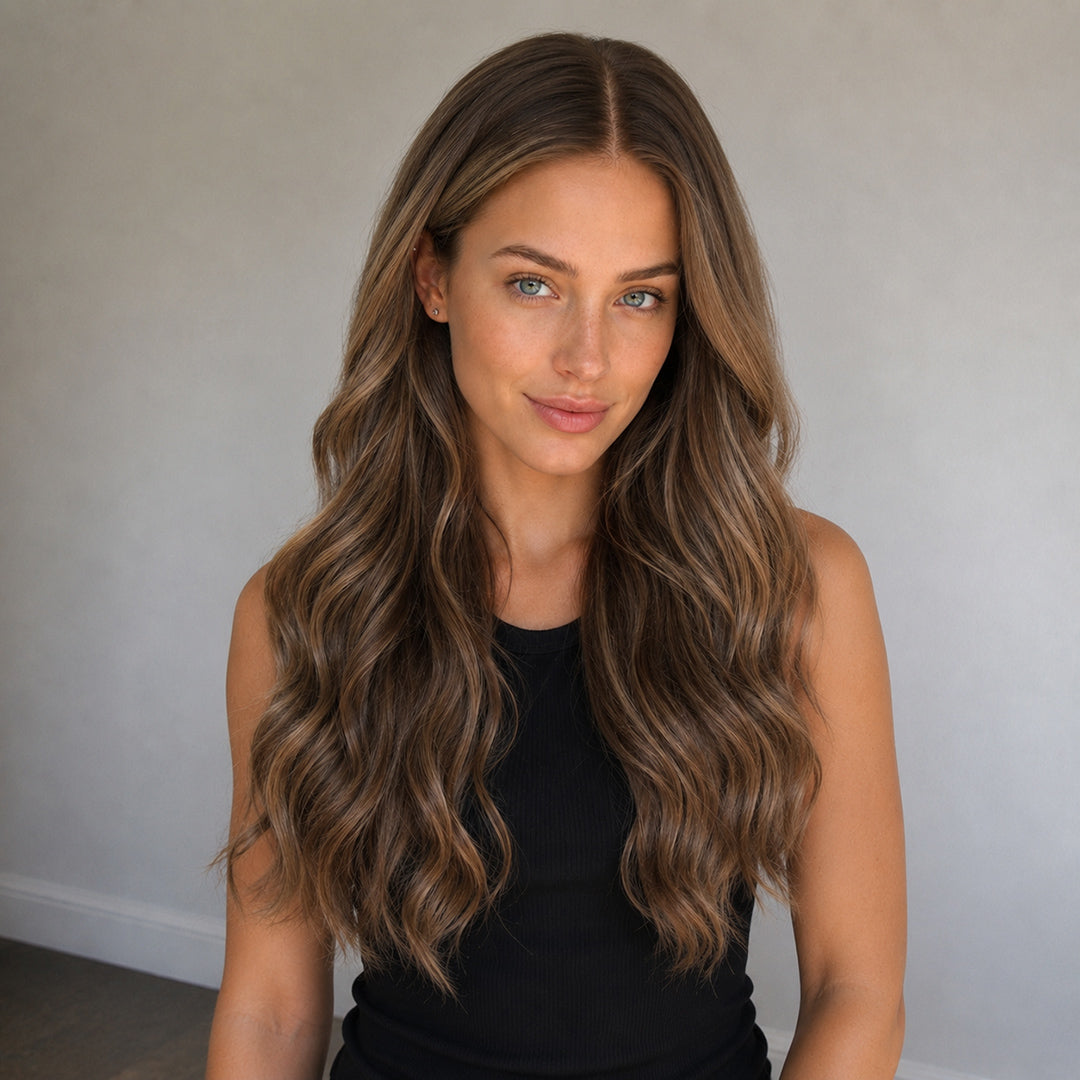 UNILOVELY Aria pre-cut synthetic lace front wig, Caramel Brown Soft Wave