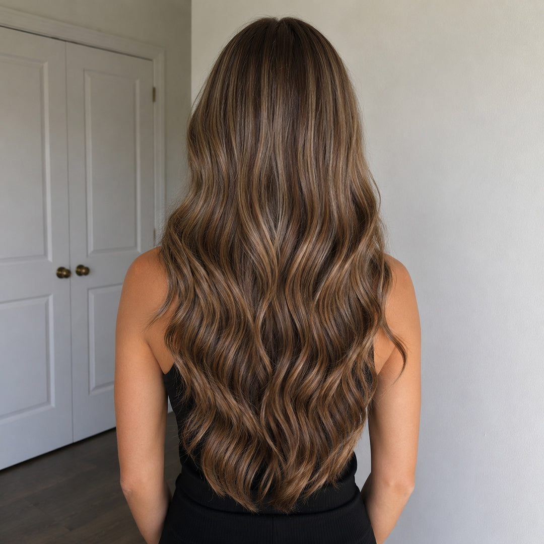 Additional view of Aria 13x6 synthetic lace front wig, Caramel Brown Soft Wave