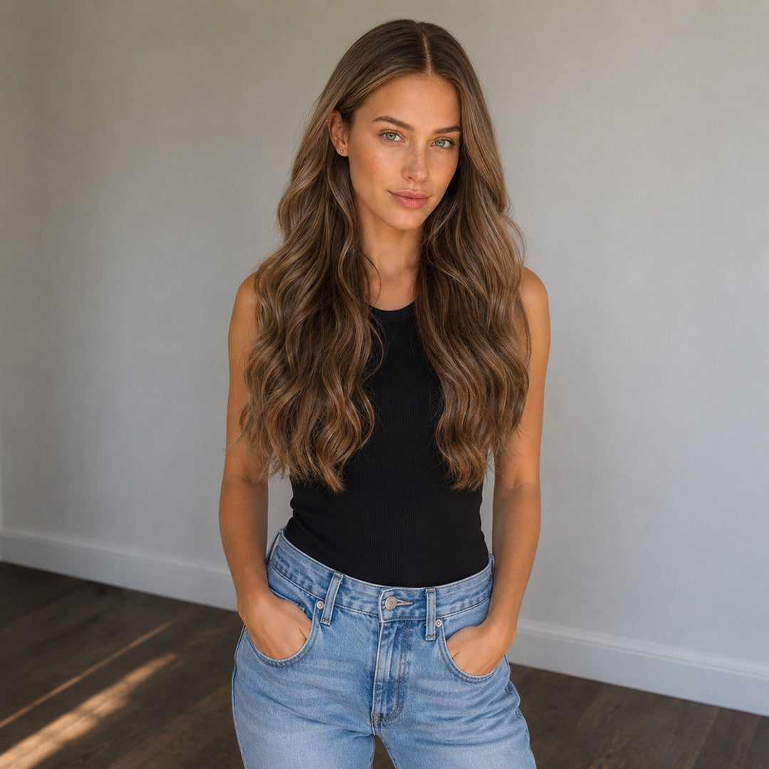 Additional product view of Aria pre-cut 13x6 lace front wig, Caramel Brown Soft Wave
