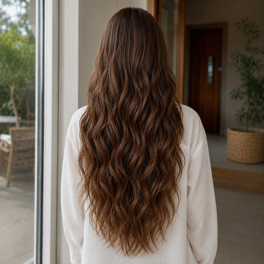 Ava 13x6 lace front wig with pre-cut lace, Chestnut Brown Natural Wave