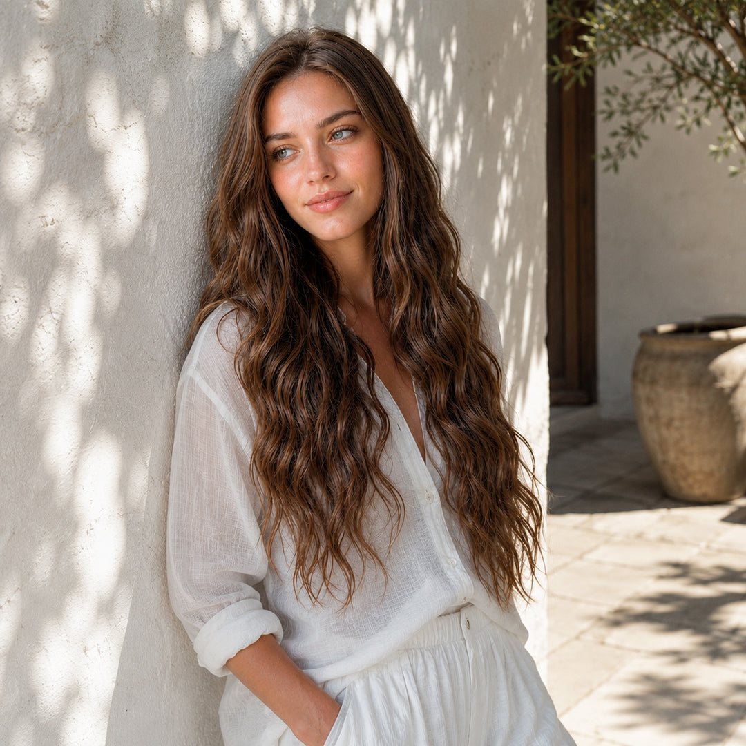 Additional view of Ava 13x6 synthetic lace front wig, Chestnut Brown Natural Wave