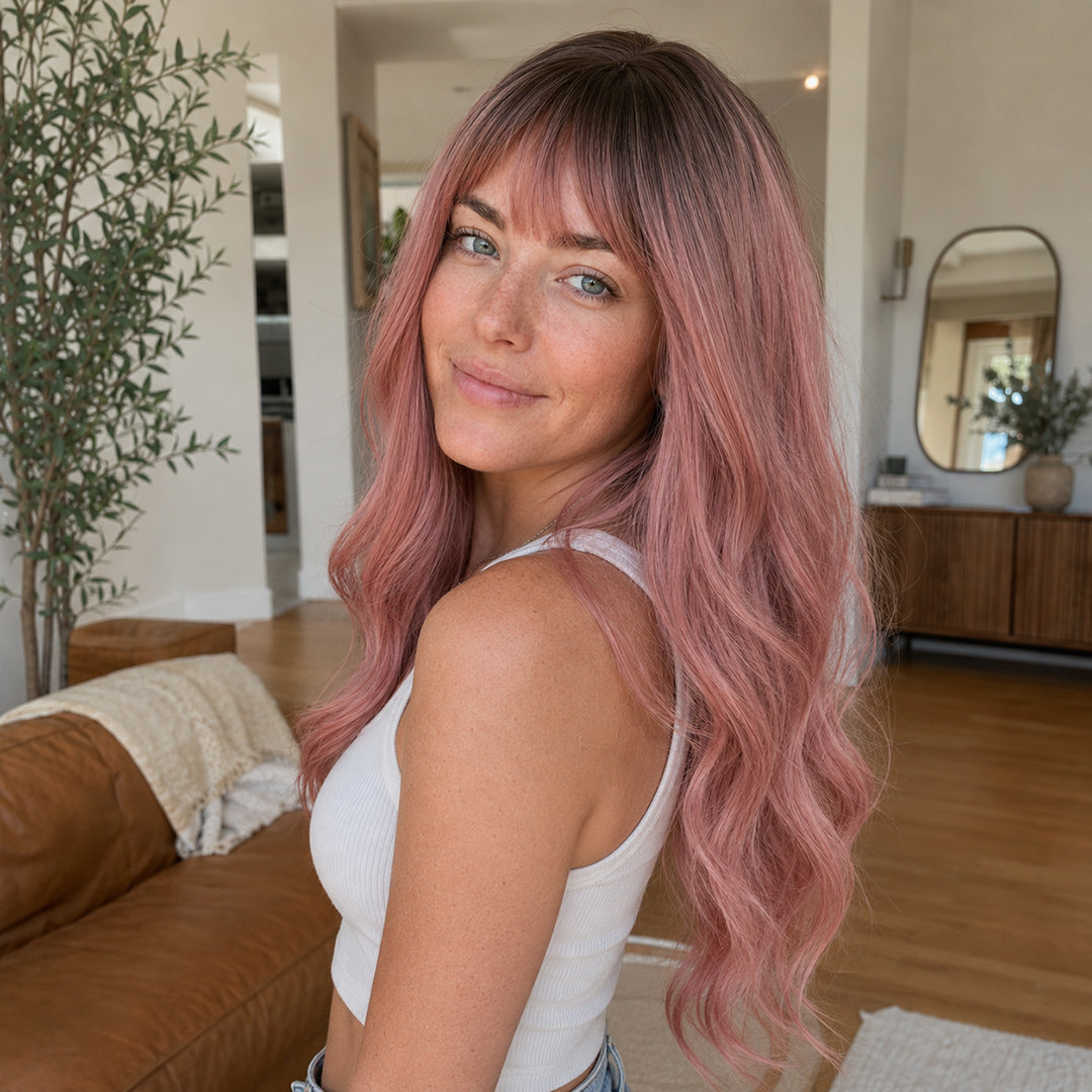 Alternate product view of Blair synthetic wig, Dusty Rose Bangs Soft Wave