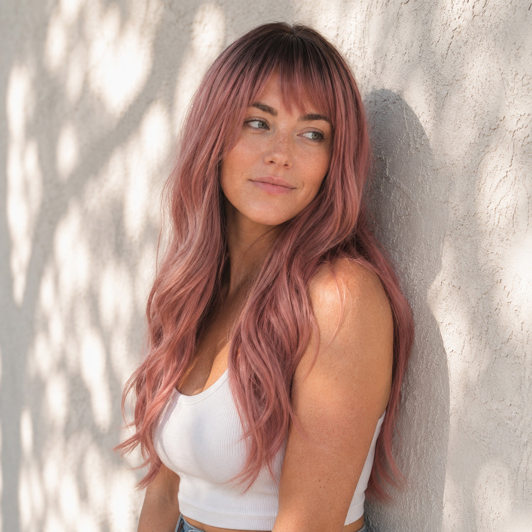 UNILOVELY Blair ready-to-wear synthetic wig, Dusty Rose Bangs Soft Wave