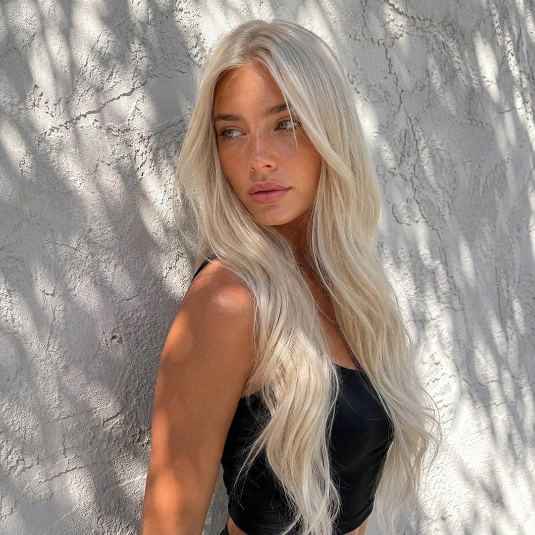 Celeste 13x6 lace front wig with pre-cut lace, Vanilla Platinum Waves
