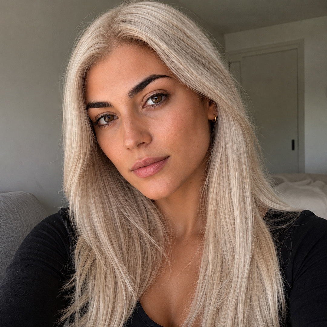 Alternate view of Chloe 13x6 synthetic lace front wig, Platinum Blonde Sleek Straight