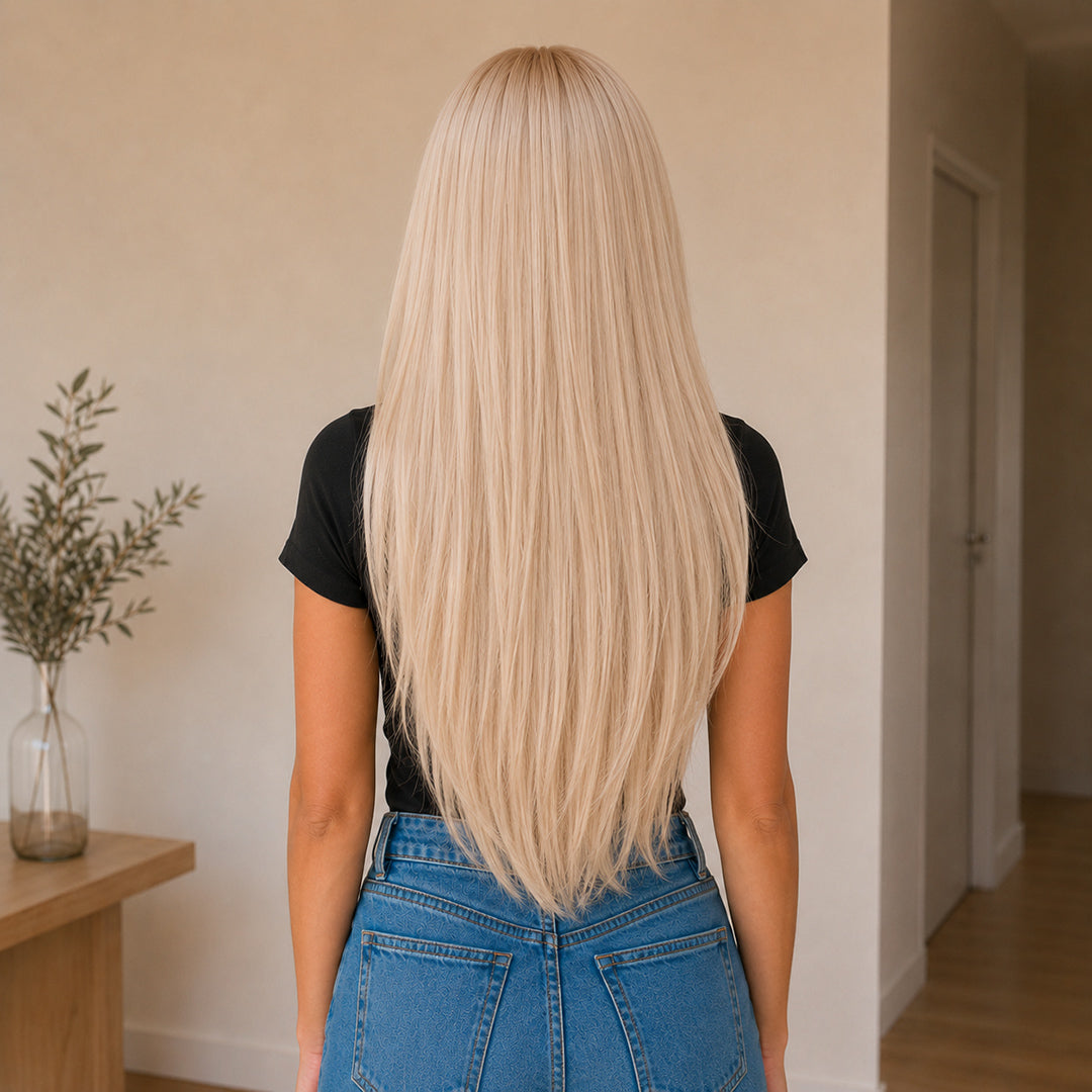 Chloe 13x6 lace front wig with pre-cut lace, Platinum Blonde Sleek Straight