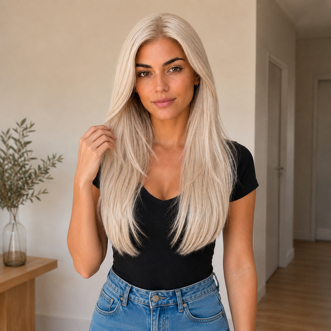 Additional view of Chloe 13x6 synthetic lace front wig, Platinum Blonde Sleek Straight