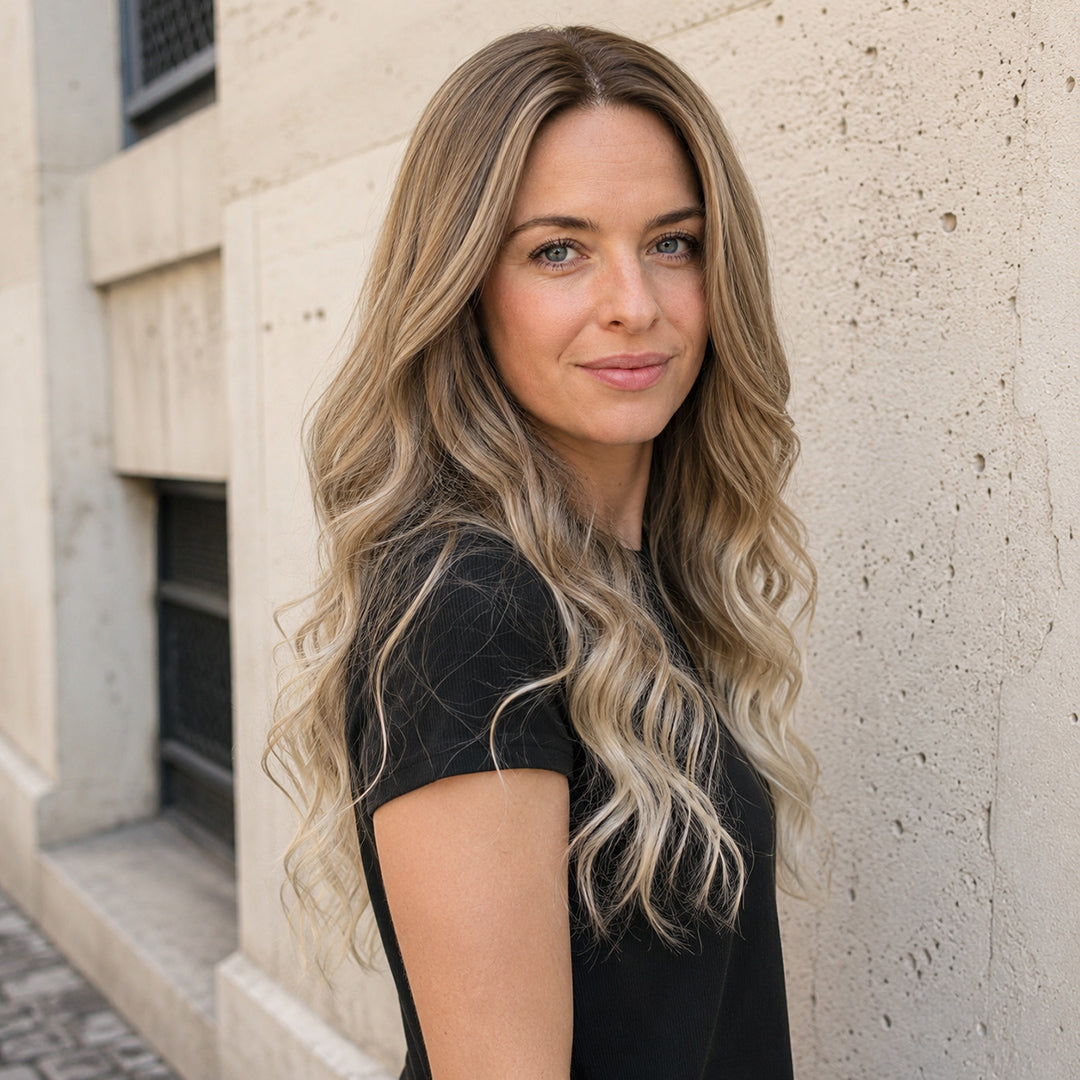 UNILOVELY Claire pre-cut synthetic lace front wig, Rooted Ash Blonde Beach Wave