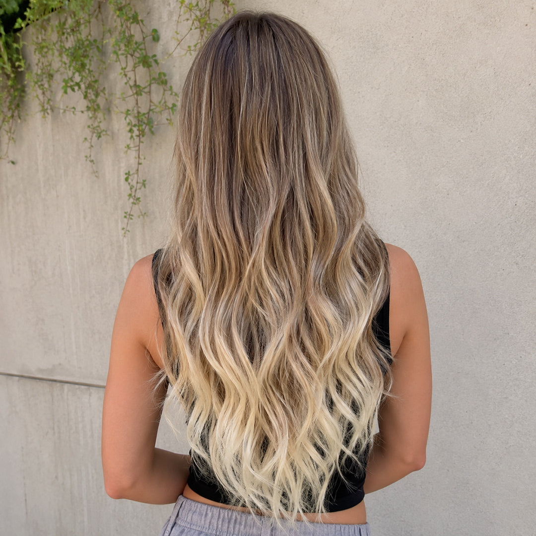 Claire 13x6 lace front wig with pre-cut lace, Rooted Ash Blonde Beach Wave