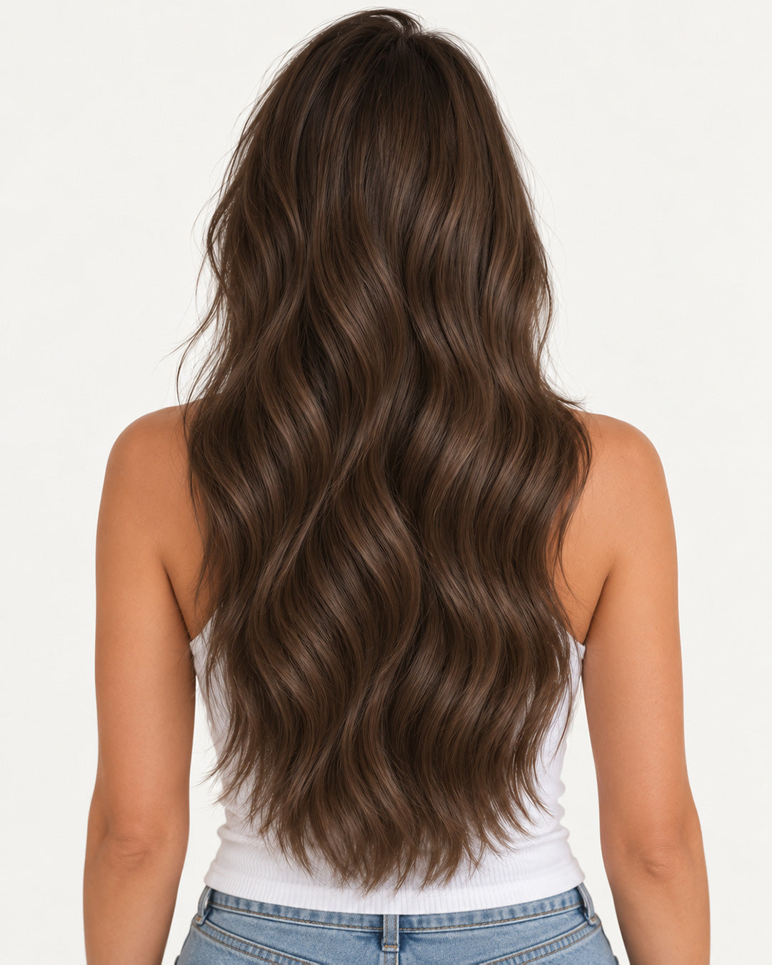 Back view of Chestnut Brown #6 hair, showing the length and fullness of loose waves.