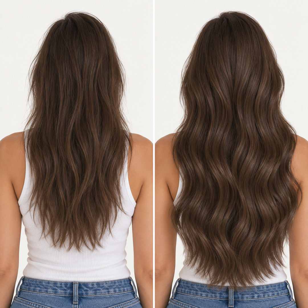 Side-by-side back views illustrating Chestnut Brown #6 hair with less volume and fuller, longer waves.