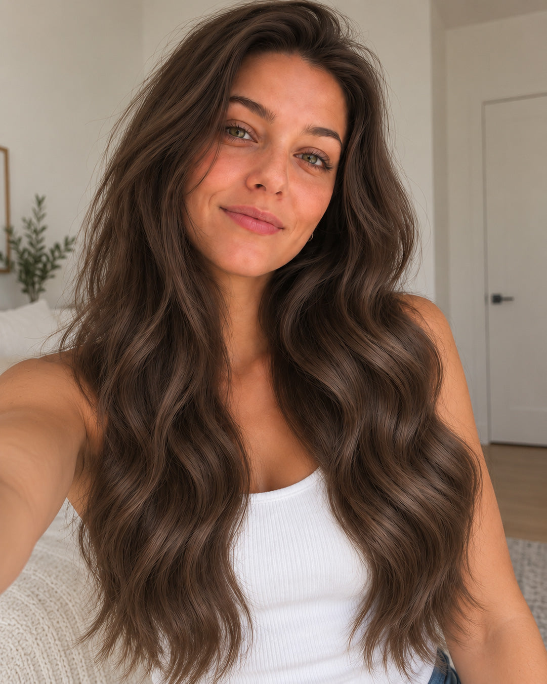 Indoor model portrait showing Chestnut Brown #6 hair styled in long, loose waves.