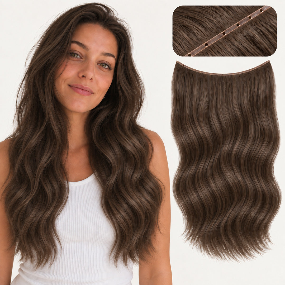 UNILOVELY Double Injection Butterfly Weft in Chestnut Brown #6, with model styling and weft construction detail.