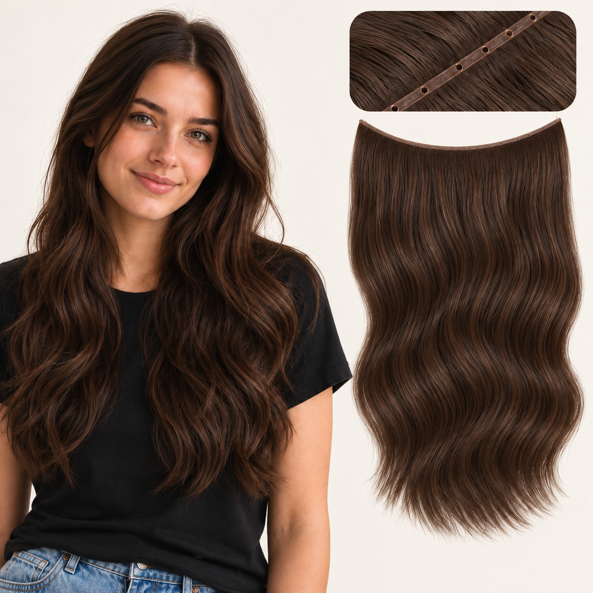 UNILOVELY Double Injection Butterfly Weft in Chocolate Brown #4, with model styling and weft construction detail.