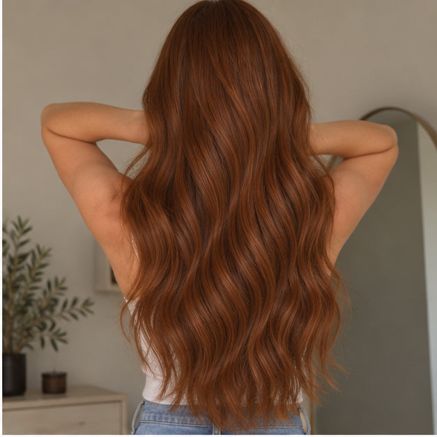 Back view of Dark Auburn #33 hair, showing the length and fullness of loose waves.