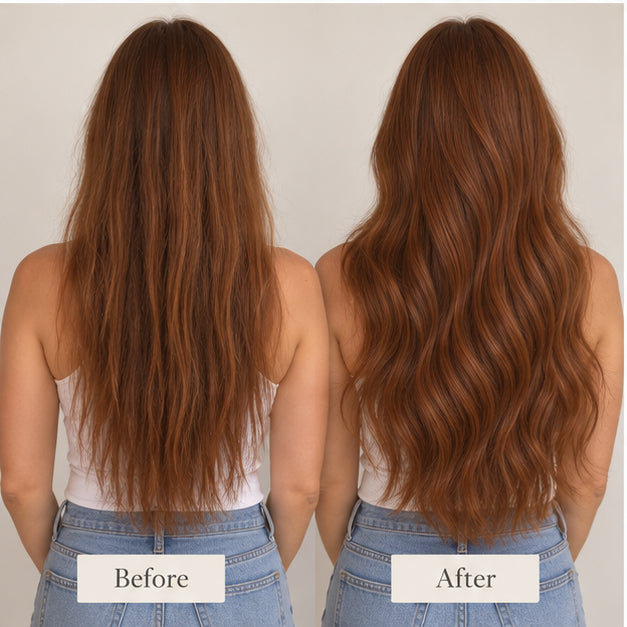 Side-by-side back views illustrating Dark Auburn #33 hair with less volume and fuller, longer waves.