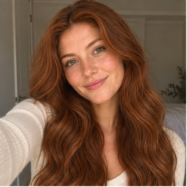 Indoor model portrait showing Dark Auburn #33 hair styled in long, loose waves.