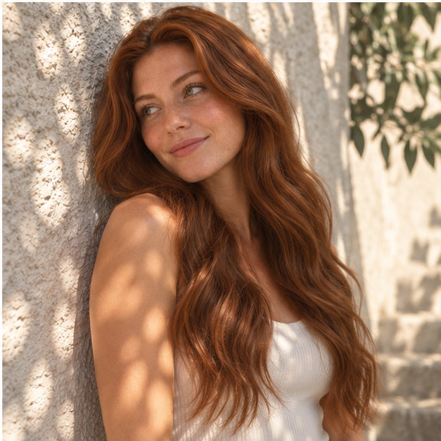 Model with Dark Auburn #33 wavy hair beside a textured white wall in dappled sunlight.