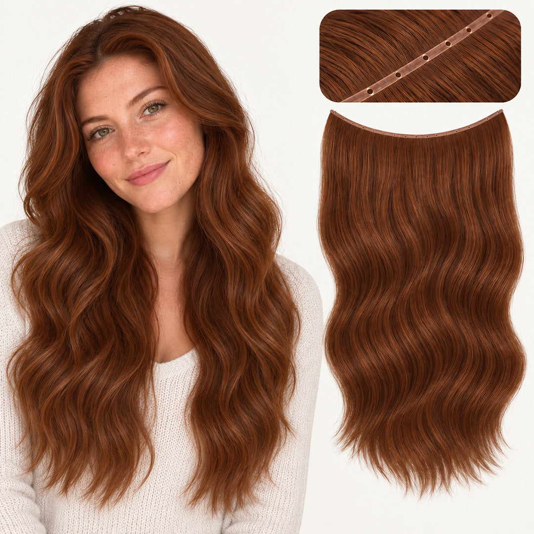 UNILOVELY Double Injection Butterfly Weft in Dark Auburn #33, with model styling and weft construction detail.