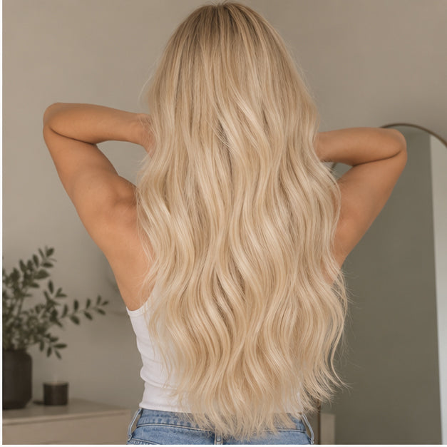 Back view of Dark Blonde #16 hair, showing the length and fullness of loose waves.
