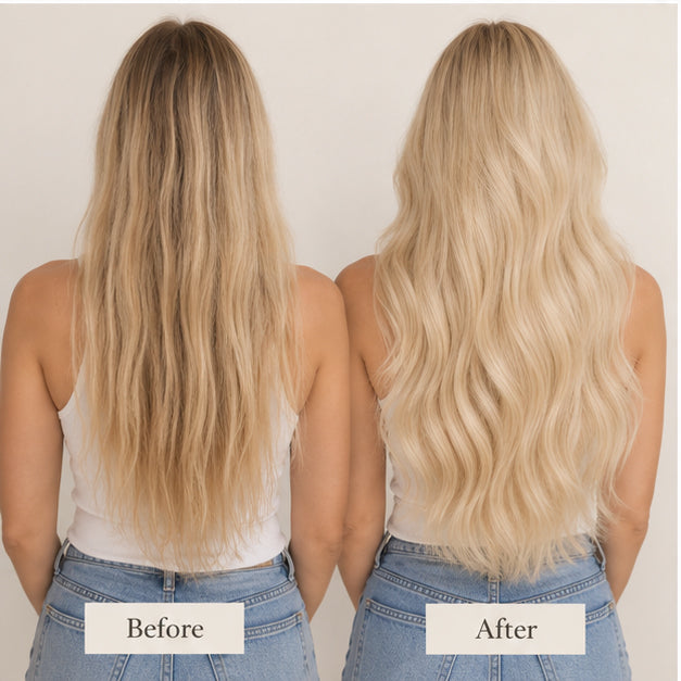 Side-by-side back views illustrating Dark Blonde #16 hair with less volume and fuller, longer waves.