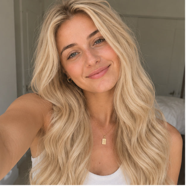 Indoor model portrait showing Dark Blonde #16 hair styled in long, loose waves.