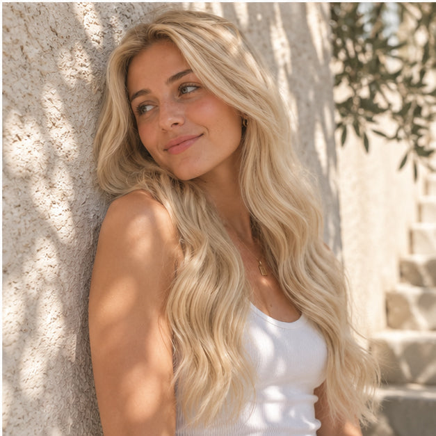 Model with Dark Blonde #16 wavy hair beside a textured white wall in dappled sunlight.