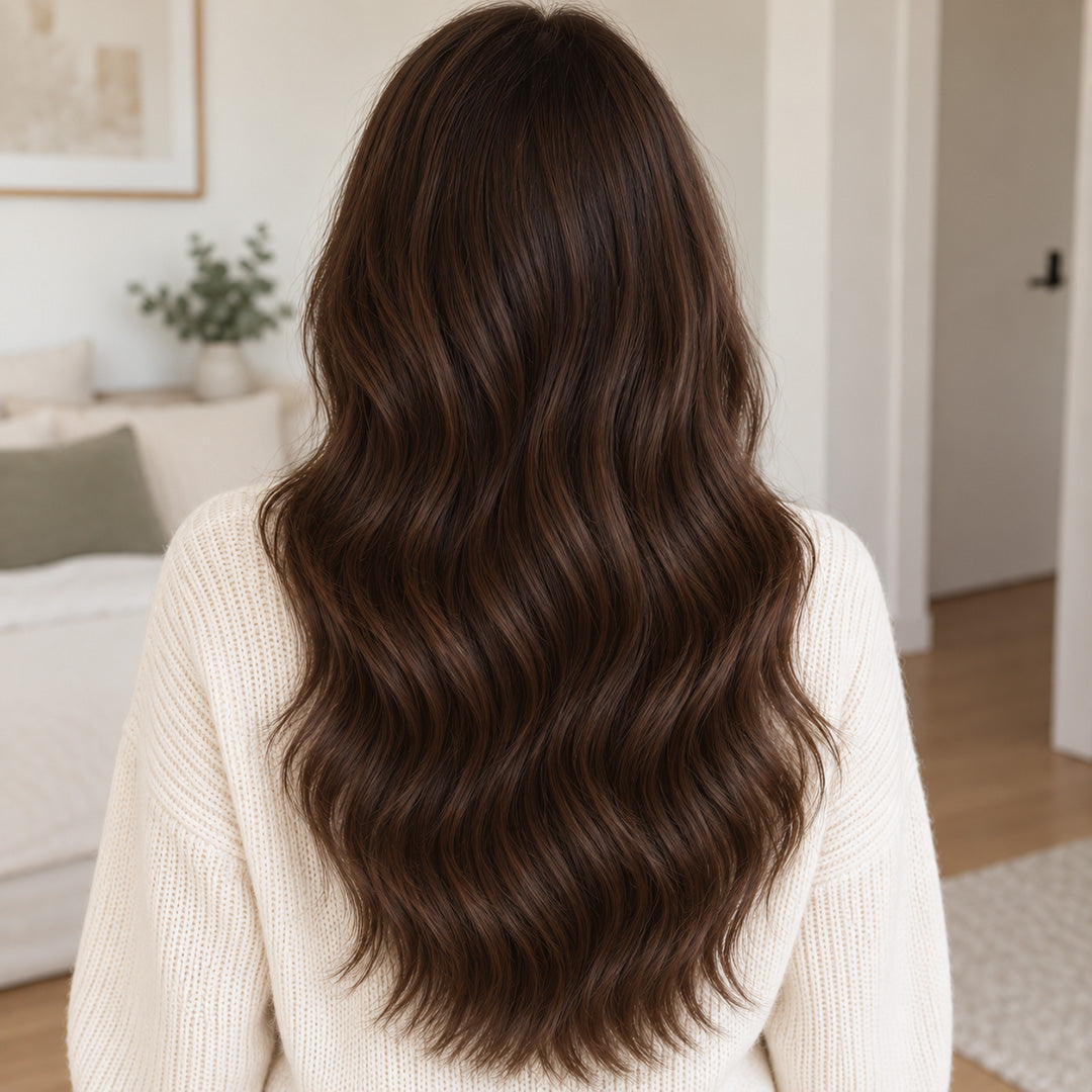 Back view of Dark Brown #2 hair, showing the length and fullness of loose waves.