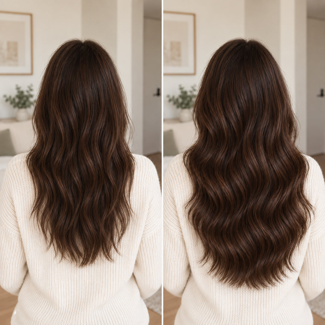 Side-by-side back views illustrating Dark Brown #2 hair with less volume and fuller, longer waves.