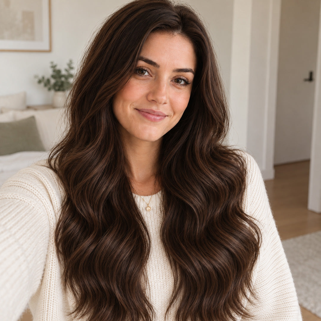 Indoor model portrait showing Dark Brown #2 hair styled in long, loose waves.
