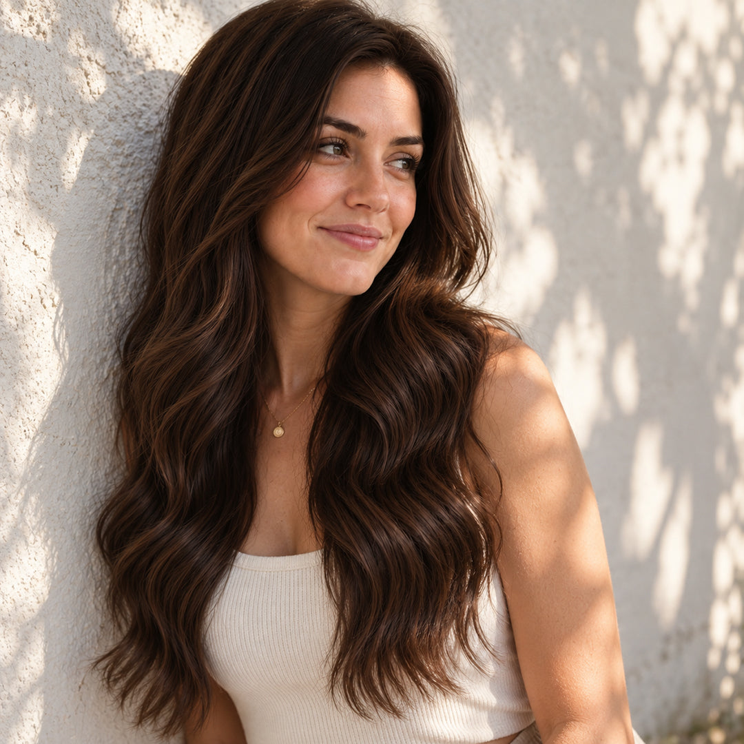 Model with Dark Brown #2 wavy hair beside a textured white wall in dappled sunlight.