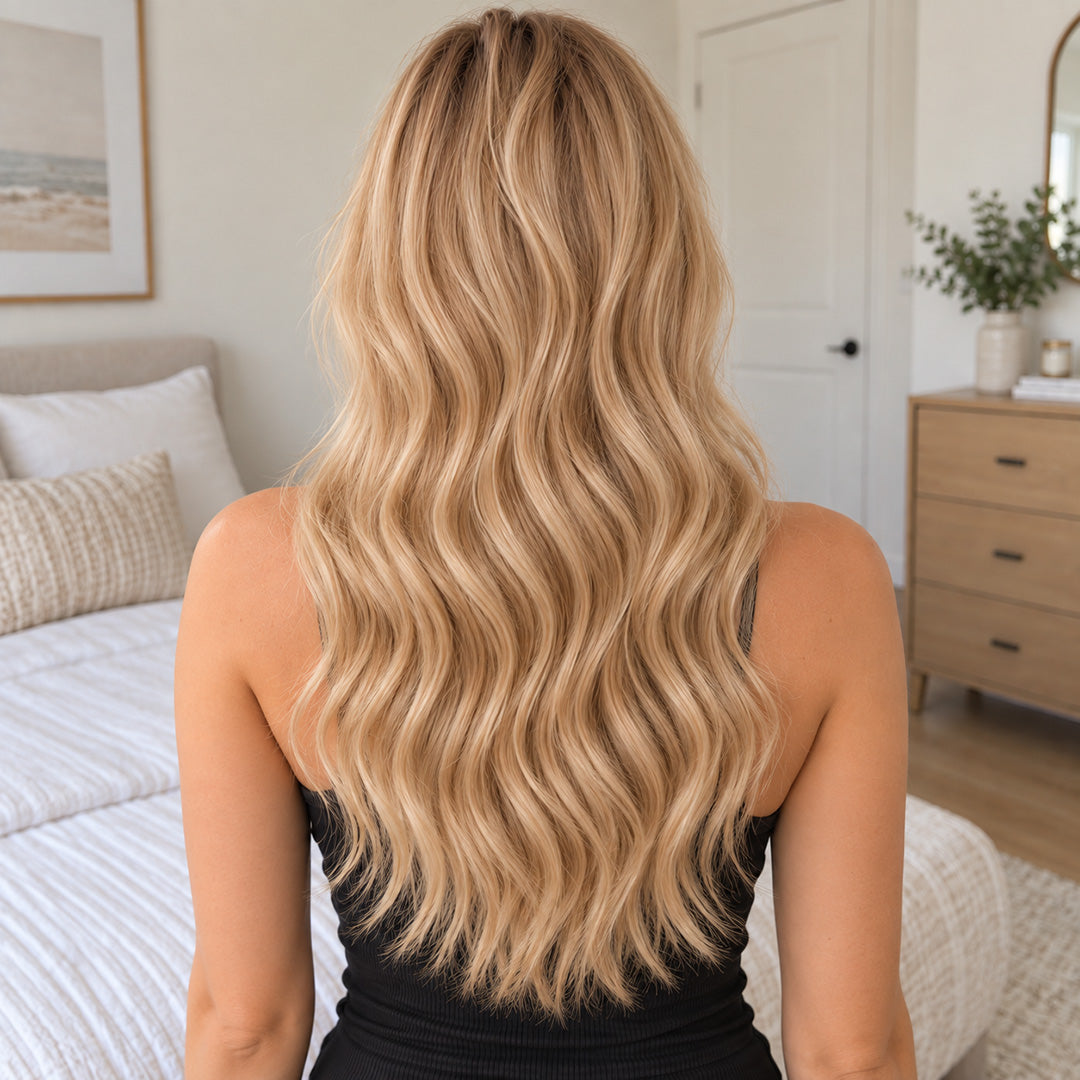 Back view of Golden Blonde #27 hair, showing the length and fullness of loose waves.