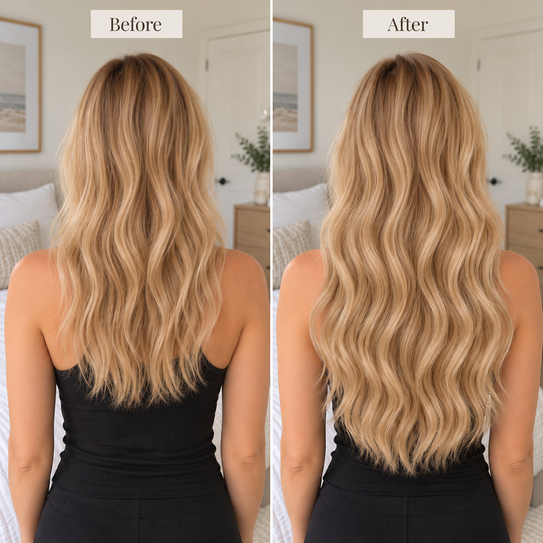 Side-by-side back views illustrating Golden Blonde #27 hair with less volume and fuller, longer waves.