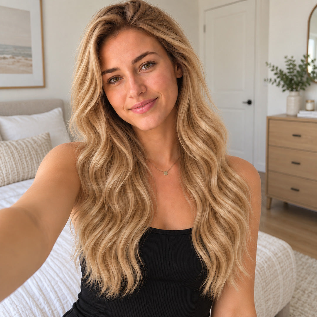 Indoor model portrait showing Golden Blonde #27 hair styled in long, loose waves.
