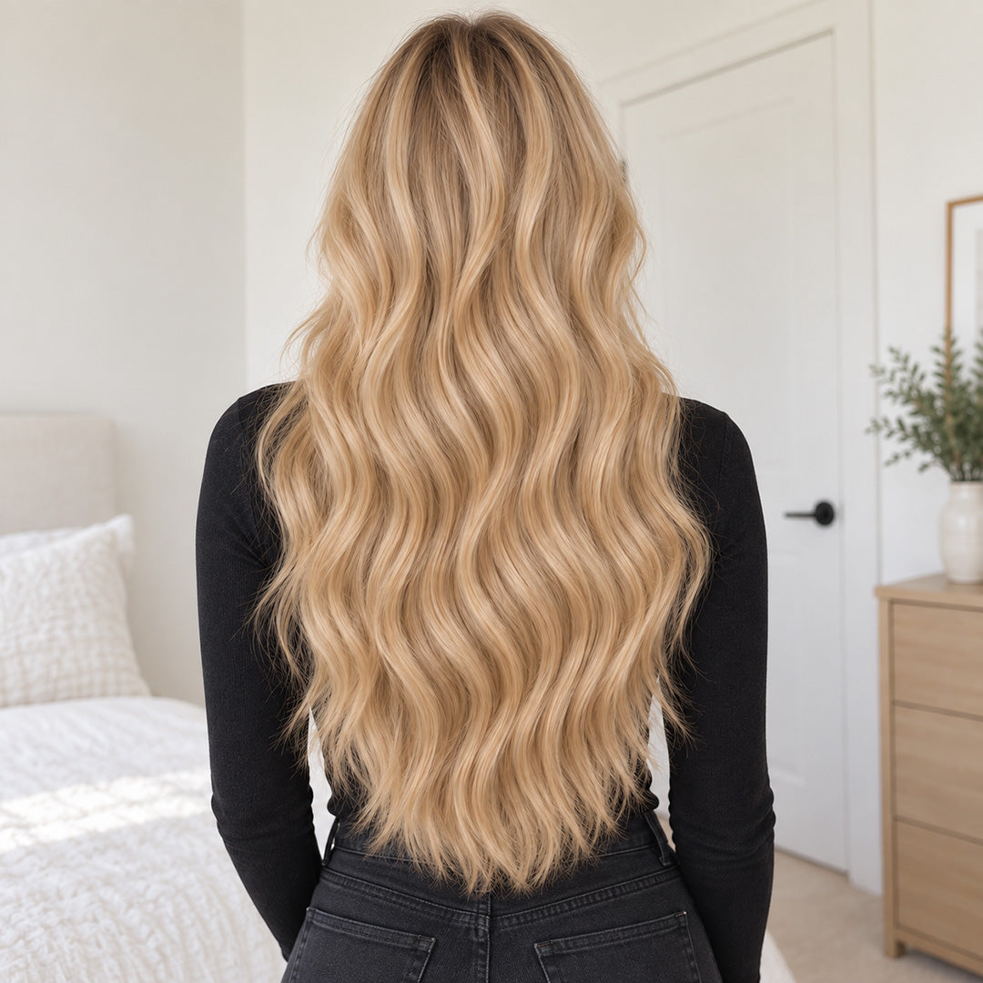Back view of Golden Brown #12 hair, showing the length and fullness of loose waves.