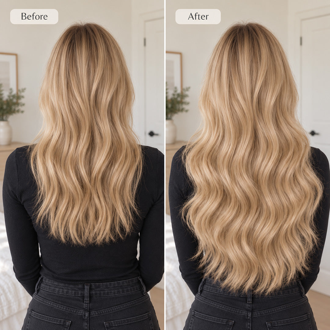Side-by-side back views illustrating Golden Brown #12 hair with less volume and fuller, longer waves.
