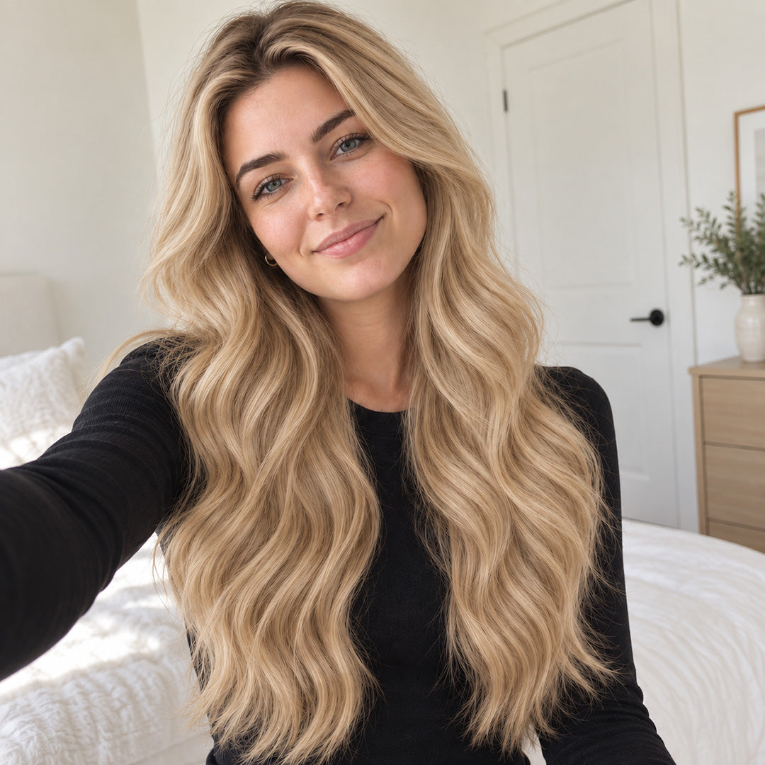 Indoor model portrait showing Golden Brown #12 hair styled in long, loose waves.
