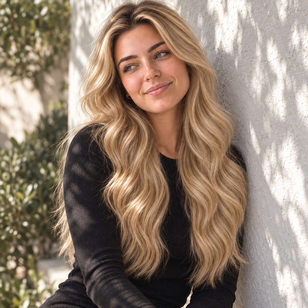 Model with Golden Brown #12 wavy hair beside a textured white wall in dappled sunlight.