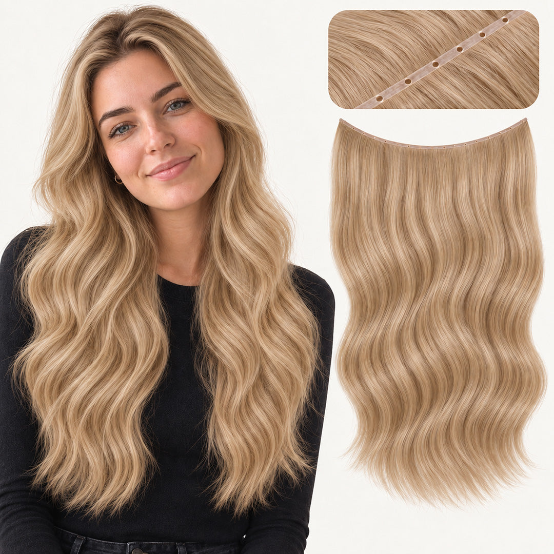 UNILOVELY Double Injection Butterfly Weft in Golden Brown #12, with model styling and weft construction detail.