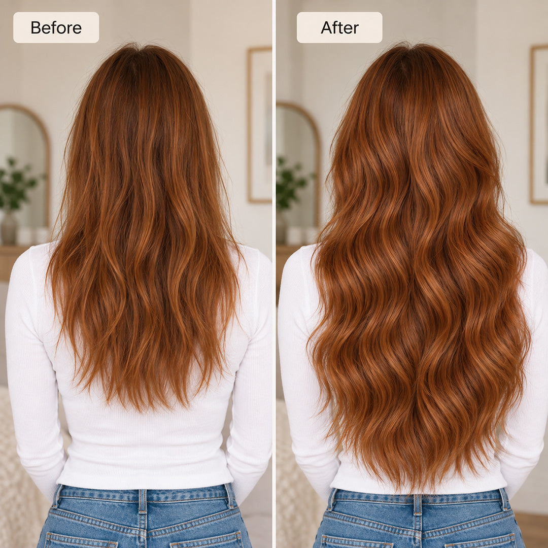 Side-by-side back views illustrating Light Auburn #30 hair with less volume and fuller, longer waves.