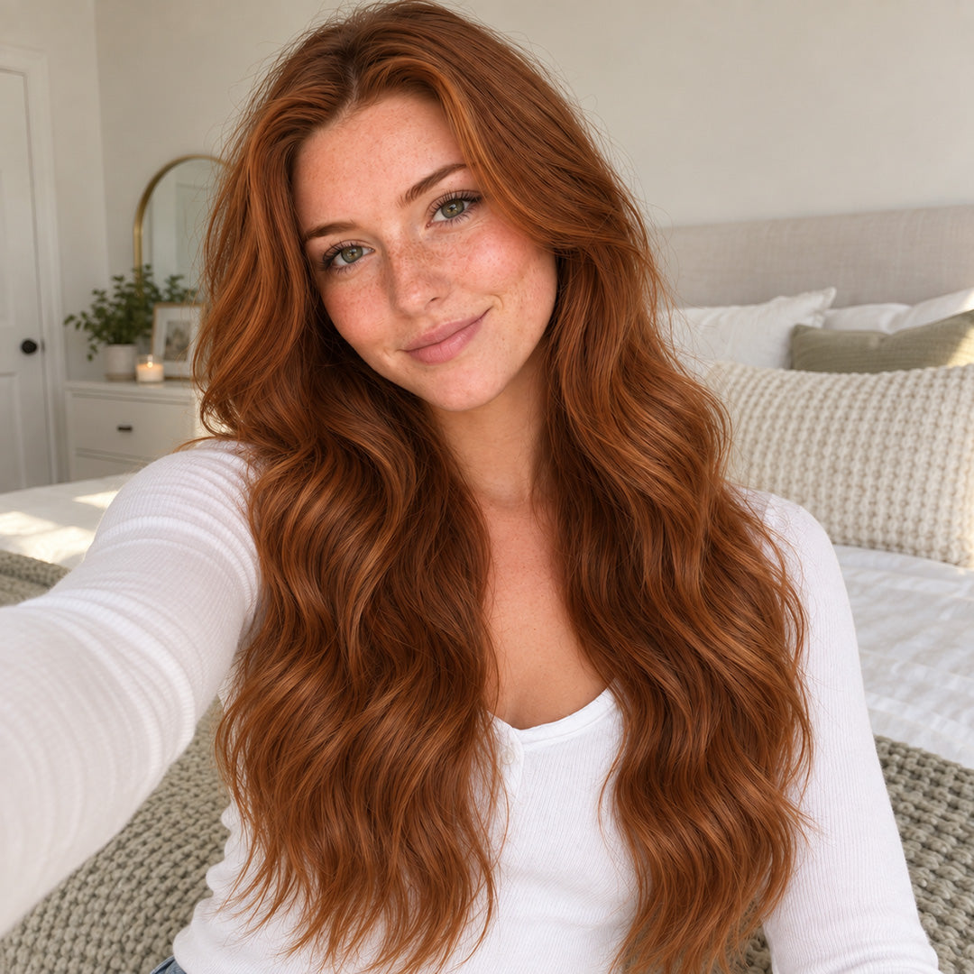 Indoor model portrait showing Light Auburn #30 hair styled in long, loose waves.