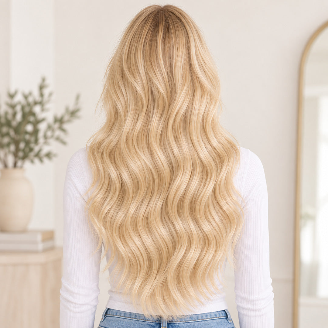 Back view of Light Blonde #613 hair, showing the length and fullness of loose waves.