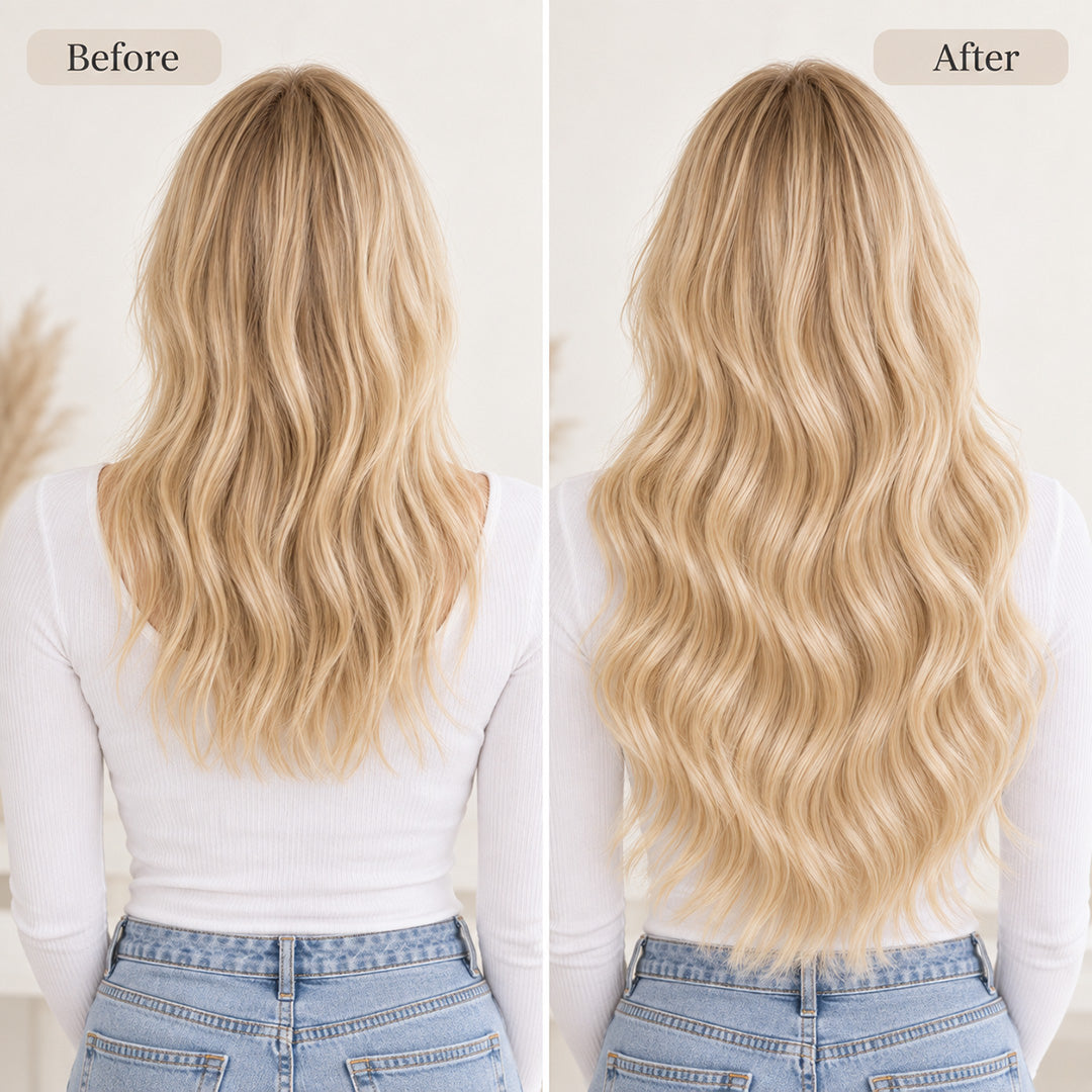 Side-by-side back views illustrating Light Blonde #613 hair with less volume and fuller, longer waves.