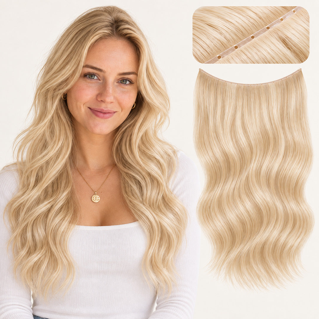 UNILOVELY Double Injection Butterfly Weft in Light Blonde #613, with model styling and weft construction detail.
