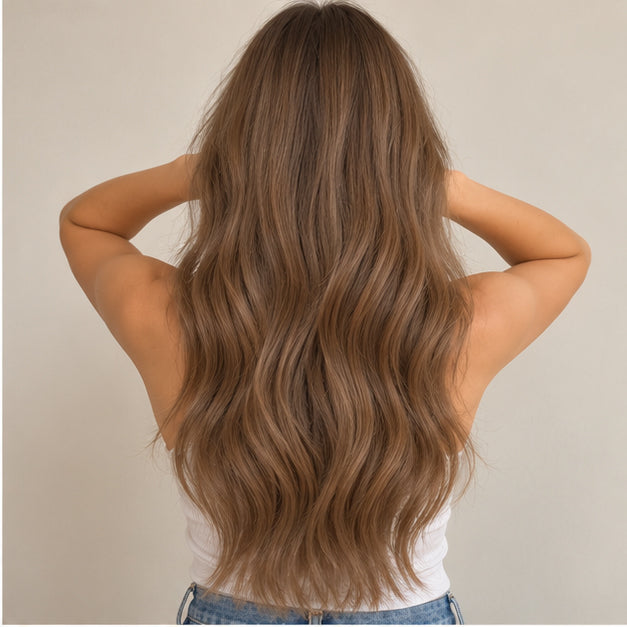 Back view of Light Brown #8 hair, showing the length and fullness of loose waves.