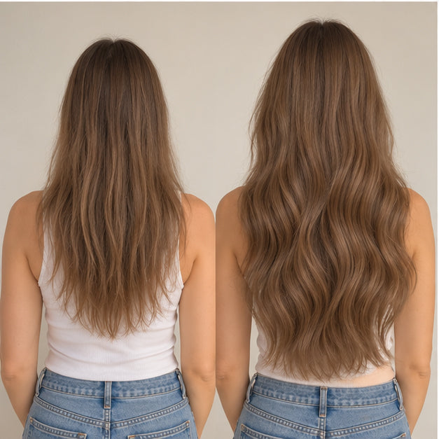 Side-by-side back views illustrating Light Brown #8 hair with less volume and fuller, longer waves.