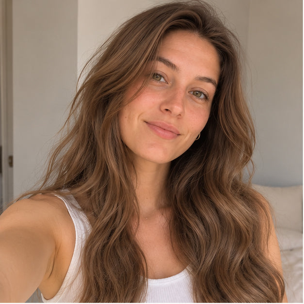 Indoor model portrait showing Light Brown #8 hair styled in long, loose waves.
