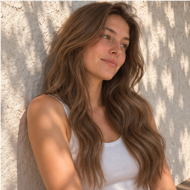 Model with Light Brown #8 wavy hair beside a textured white wall in dappled sunlight.