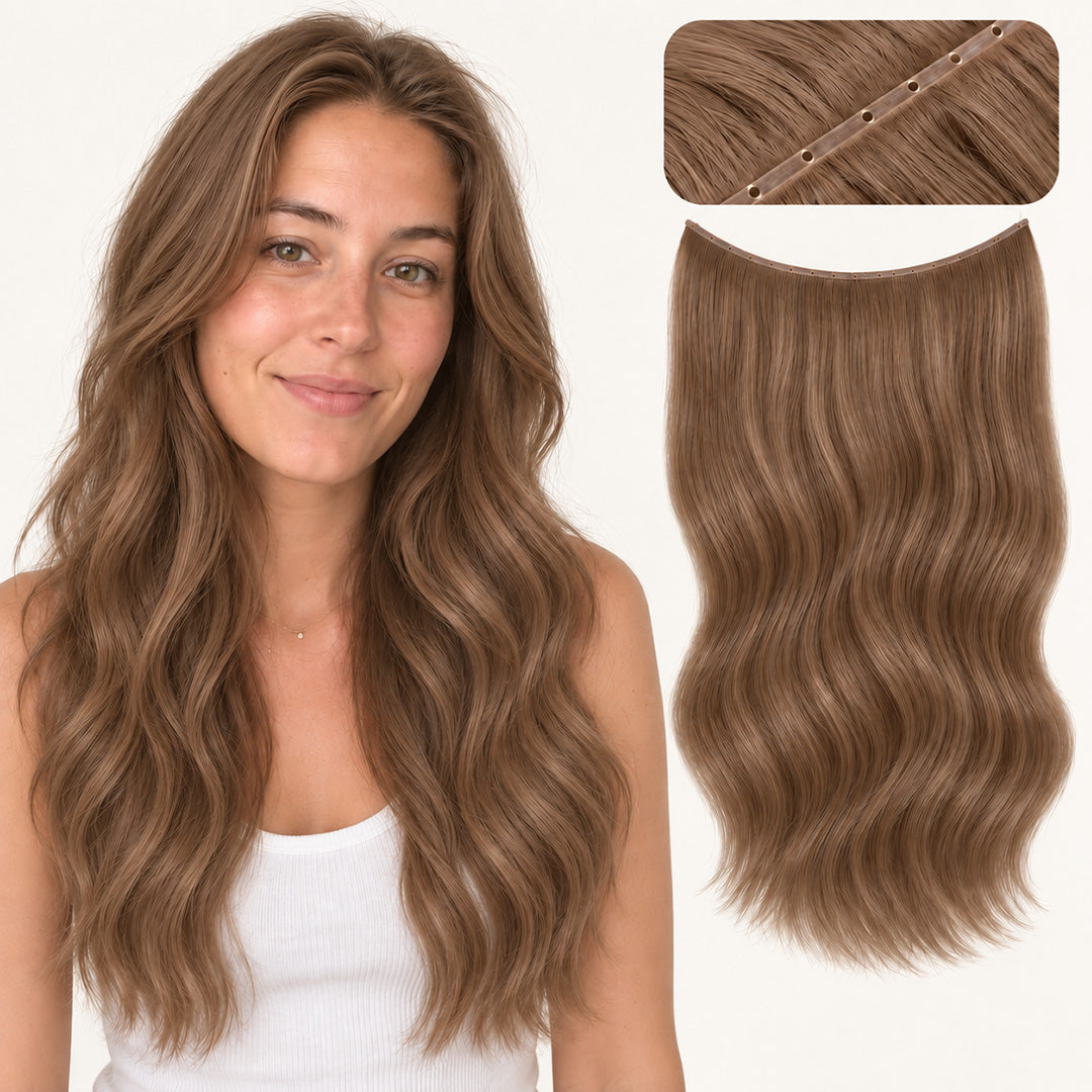 UNILOVELY Double Injection Butterfly Weft in Light Brown #8, with model styling and weft construction detail.